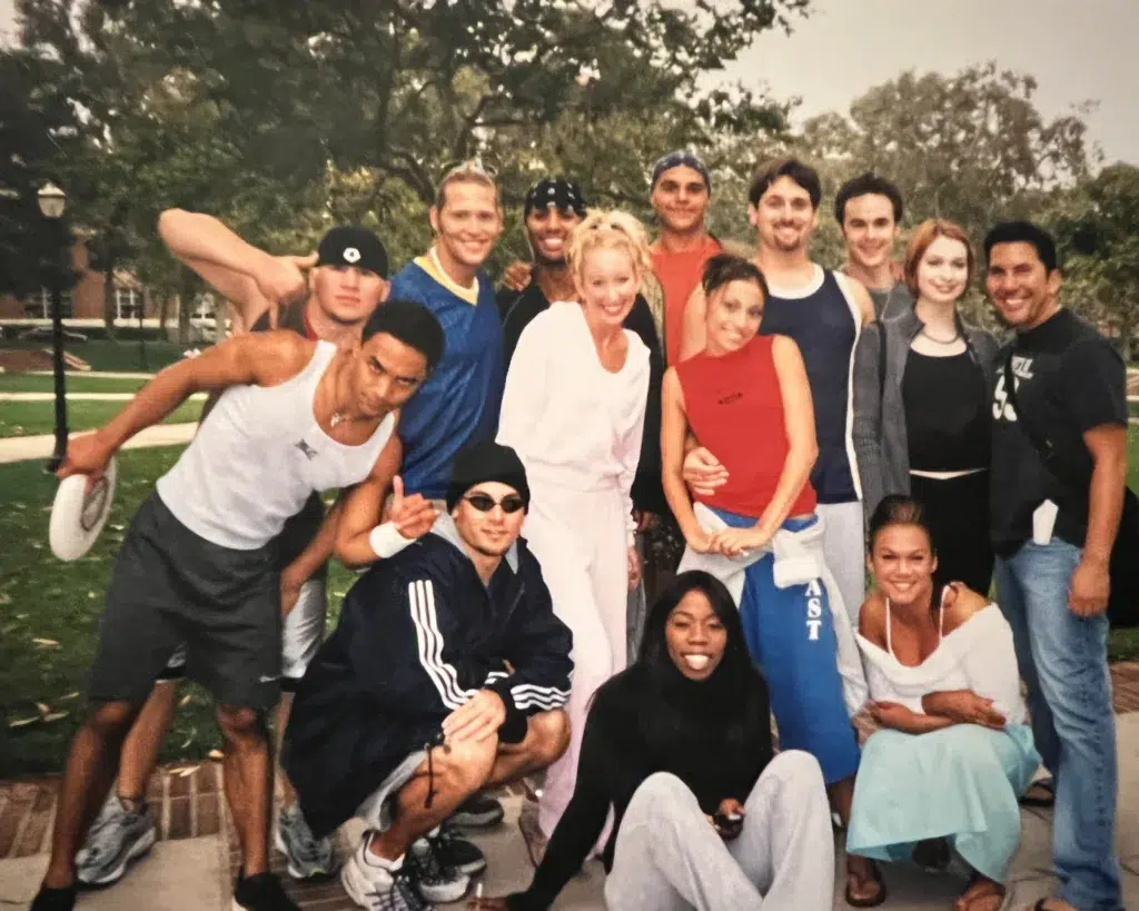 Tony Gonzalez on the set of Bring it On 2 with cast members and production