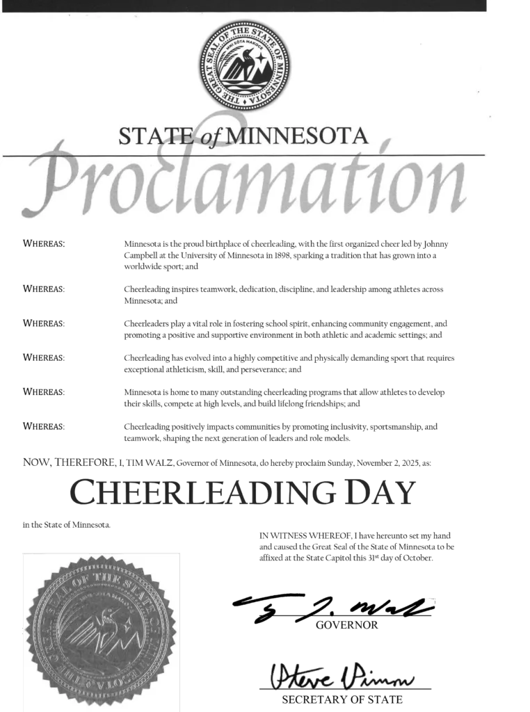 Minnesota Governor Tim Walz signs proclamation declaring November 2 as Cheerleading Day.