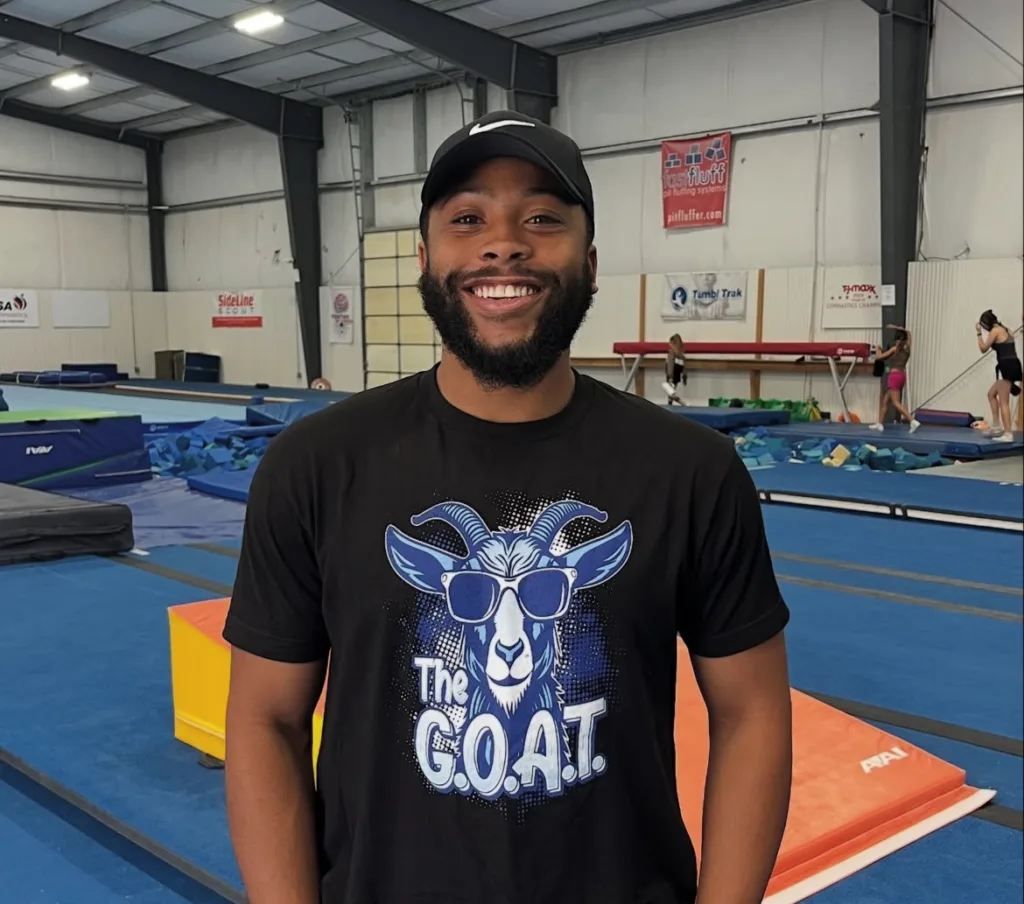 Javonté Patterson working in a local cheer gym to better the progression and technique of cheerleaders